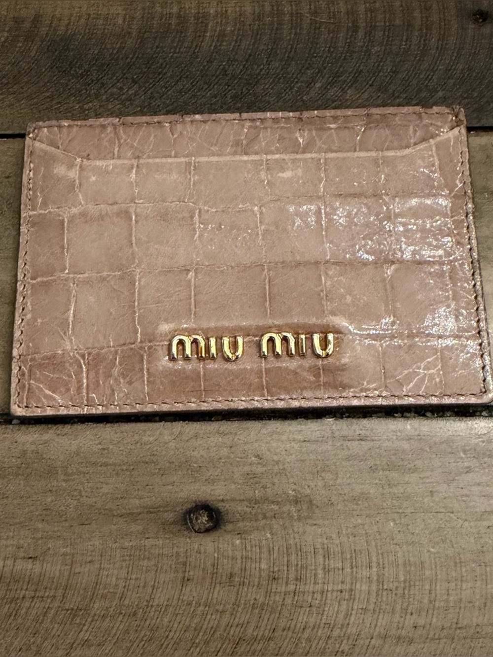 Authentic Miu Miu Blush Croc-Embossed Card Case with Gold Logo